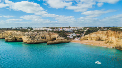 Fototapeta na wymiar Aerial view of Benagril beach. Beautiful beach in the Carvoeiro, in Algarve, Portugal