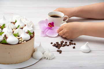 Hold coffee cake with hands