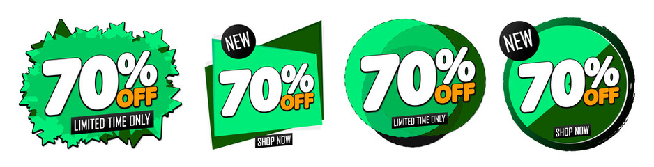 Set Sale 70 off banners, discount tags design template, vector illustration