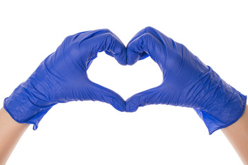 Cardiology prevention concept. Close-up photo of arms wearing bright blue latex protective gloves making showing shape of heart isolated over white background
