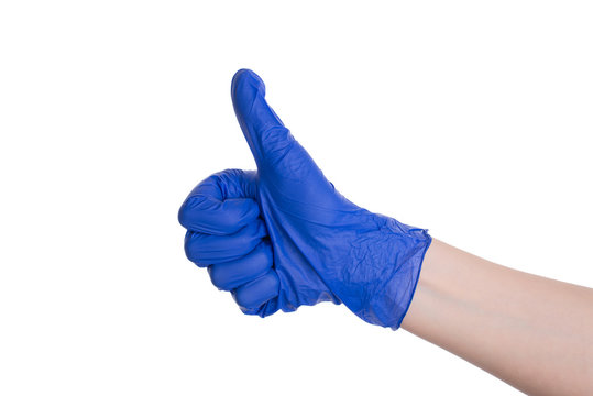 Close Up Photo Of Nurse Hand In Protective Glove Giving Finger Up Isolated Over White Background