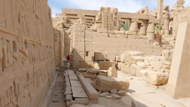 The Remains of the Architecture of the Ancient Palace of the Pharaoh Amun-Ra in Luxor. Religious Symbols and Signs are Depicted on the Walls. Green Palms Grow Between the Buildings.