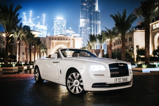 Dubai / UAE - October 10 2019: Rolls-Royce Dawn. Cabrio model. Luxury and Success. Dubai car rental. Exclusive car for your life. Leather seats, wooden parts inside. Expo2020 promo