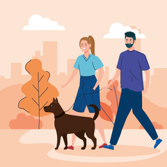 couple walking your dog in the park vector illustration design