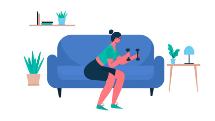 Woman in sportswear doing exercise squat with dumbbells at home. Woman doing workout indoor. Woman activities. Sport Healthy lifestyle, Fitness , Wellness Concept. Cartoon flat vector illustration.