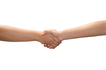 Clutching the hand of a white Asian woman isolated from a white background