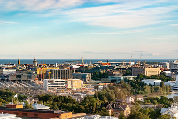European cityscape of Helsinki Finland. Panoramic photo view from higher perspective
