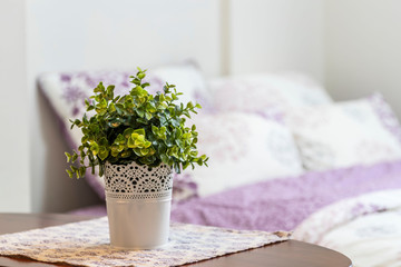 Plastic plants in pots placed to decorate at the bedroom