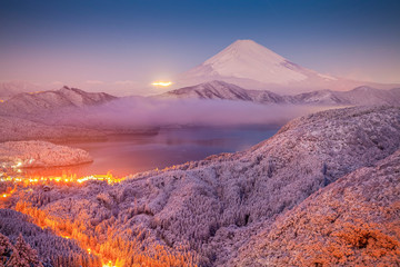 Mt. Fuji and Achi lake in snow fall day