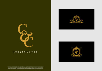 CC logo initial vector mark. Gold color elegant classical symmetric curves decor.