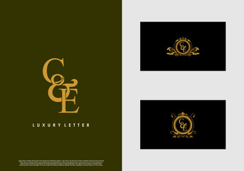 CE logo initial vector mark. Gold color elegant classical symmetric curves decor.