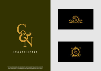CN logo initial vector mark. Gold color elegant classical symmetric curves decor.
