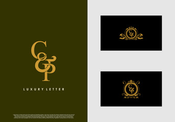 CP logo initial vector mark. Gold color elegant classical symmetric curves decor.