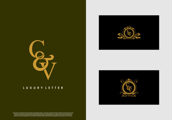 CV logo initial vector mark. Gold color elegant classical symmetric curves decor.