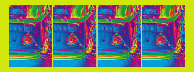 retro car, neon colors. collage. yellow background