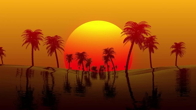 Palm Tree Flyh to Sunset.Concept is silhouette Coconut tree fly to the sunset loop animtion.