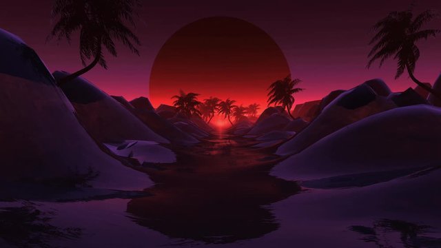 Palm Tree Flyh to Sunset.Concept is silhouette Coconut tree fly to the sunset loop animtion.