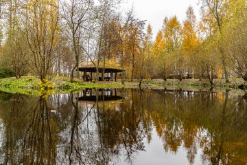 Fototapeta na wymiar Forest lodge in backwoods, Wooden arbor, wild area in beautiful forest in Autumn, Specular reflection in water, Valday national park, yellow leafs at the ground, Russia, golden trees, cloudy weather