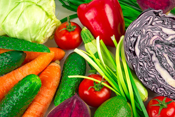 background with a set of fresh vegetables, vegetarianism, healthy food concept, organic products, agriculture and harvest, place for text, top view