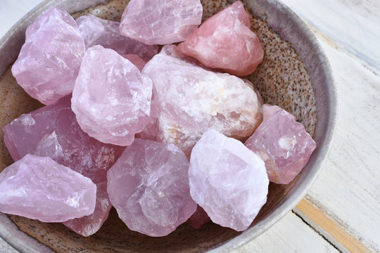 Bowl Of Rose Quartz Crystals. 