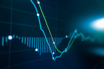 Stock market trading graph and candlestick chart on screen monitor for financial investment and economic concept.