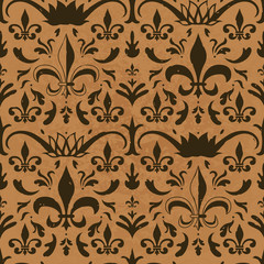 Seamless vector fleur-de-lys pattern in a classic damask style.