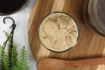 Dalgona coffee from Korea, One of the most favorite and popular cool drink, above view