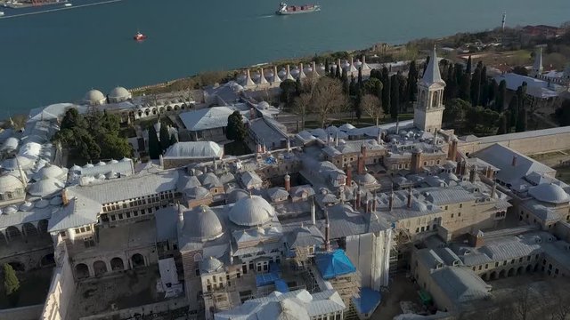Istanbul, Turkey. Aerial View of Ottoman Topkapi Palace and Bosporus Strait on Sunny Day