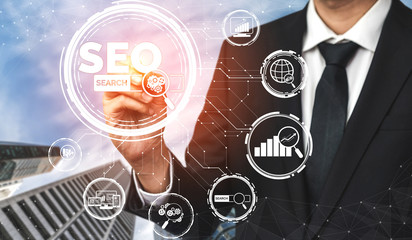 SEO - Search Engine Optimization for Online Marketing Concept. Modern graphic interface showing...