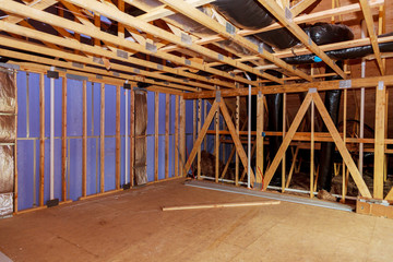 Interior view construction wall of apartment attic of new frame new house residential