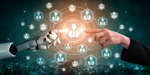 3D rendering artificial intelligence AI research of robot and cyborg development for future of people living. Digital data mining and machine learning technology design for computer brain.