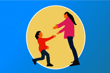 Illustration graphic of Child running toward his mother for getting a hug from his mom,for the occasion of mother's day isolated on yellow circle and blue background. mother's day concept media.