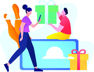 使用手机邀请好友的男女领取红包，扁平矢量人物场景创意概念插画