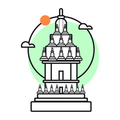 Flat vector illustration of a historic building in the city of Yogyakarta,  Prambanan temple. Simple icon design cartoon for vacation travel tourist attractions Prambanan temple landmark.