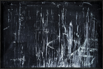 Black chalk board. Community board outside. Old and weathered, used for a long time. A few faint...