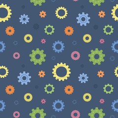 Robotic gears on a blue background. Cartoon vector seamless pattern. 