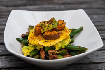 Black-eyed peas, green string beans, sweet potatoes, avocado, plantains