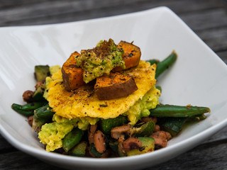 Black-eyed peas, green string beans, sweet potatoes, avocado, plantains