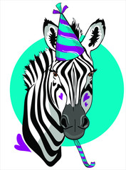 Fun zebra in festive cap isolate on white background. 
Happy Birthday  Humor card, t-shirt design composition, hand drawn style print. Vector illustration.