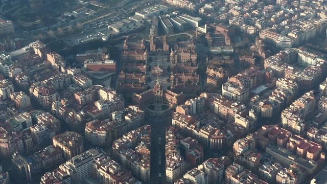 AERIAL: Typical City Blocks and Hospital de Sant Pau from above in Beautiful Sunlight 