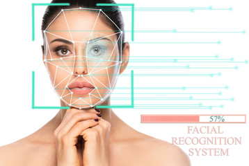 Biometric authentication concept. Facial recognition system of beautiful woman on white background