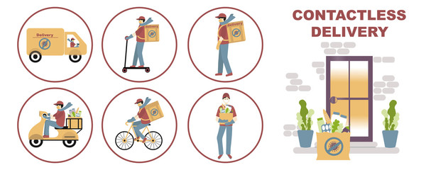 Contactless Delivery of food concept set, signs. Coronavirus, covid-19. Delivery man, courier by all means of transport set, on foot, by bicycle, by moped, by scooter , by minibus