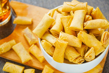 Shrimp spring roll. crispy snack made from shrimp, garlic, roll pastry 
and other ingredients. has a savory taste and crispy texture