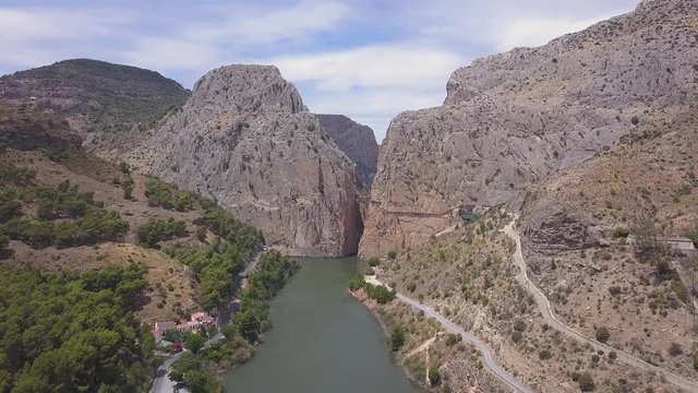 Drone view of - The King's Little Path Way - "El Caminito del Rey" in El Chorro gorge , one of the most dangerous footpaths, a famous touristic destination in south of Spain, Malaga , Costa del Sol