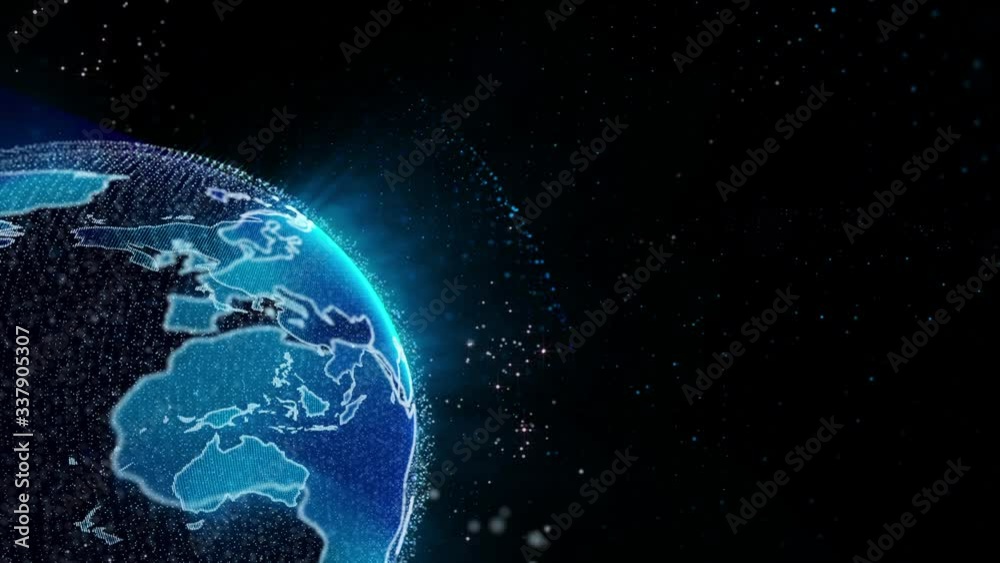 Poster Earth Rotating Depth of Field Close UP Moving To Bottom Left Corner Position Animation Background. Digital Globe Copy Space For Business Information 4K Futuristic Footage.