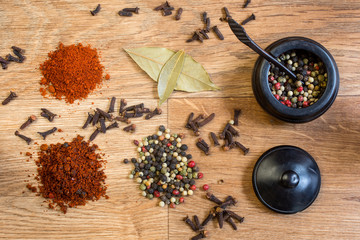 Spices and herbs on a wooden table.