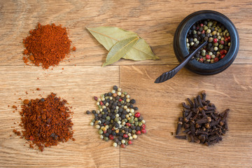 Spices and herbs on a wooden table.