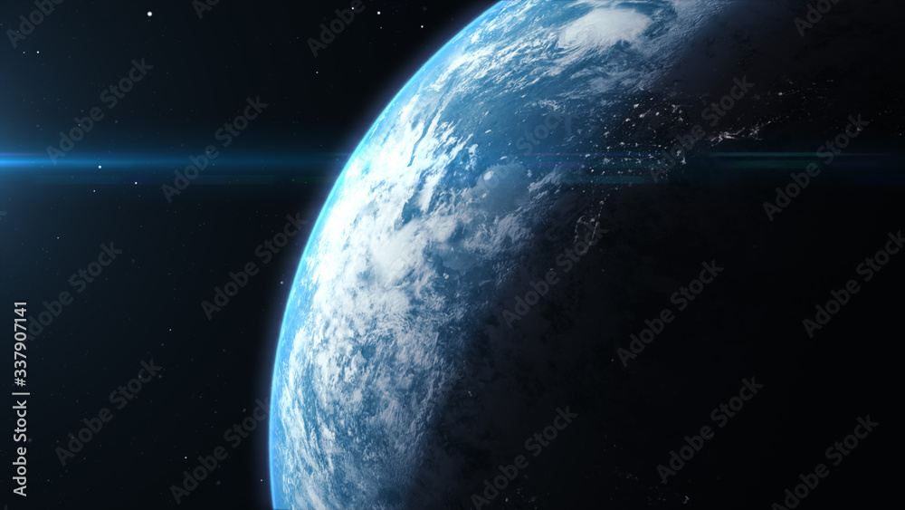 Poster a cinematic rendering of planet earth rise rotation moving from night side to the illuminated daylig