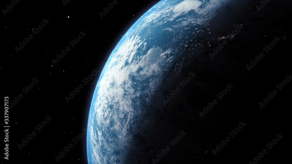 Wall mural a cinematic rendering of planet earth rise rotation moving from night side to the illuminated daylig