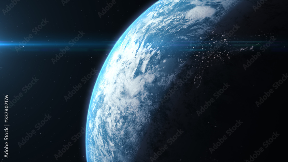 Poster a cinematic rendering of planet earth rise rotation moving from night side to the illuminated daylig